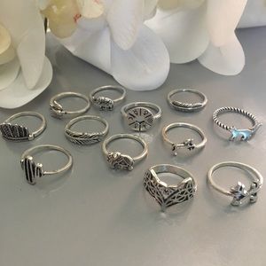 (12) piece NATURE fox elephant feather midi rings